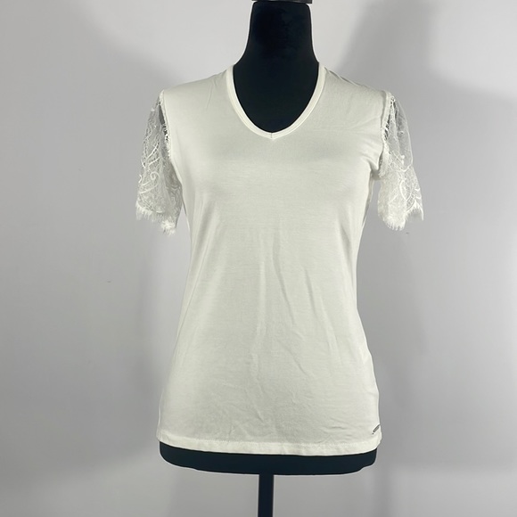 Tahari Tops - Tahari white T, V neck, with lace, sheer short sleeves, XS